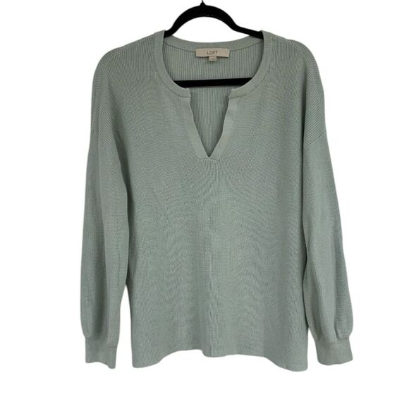 Loft Textured Split Neck Sweater 100% Cotton, Sage Green. Size Large. - Picture 2 of 7